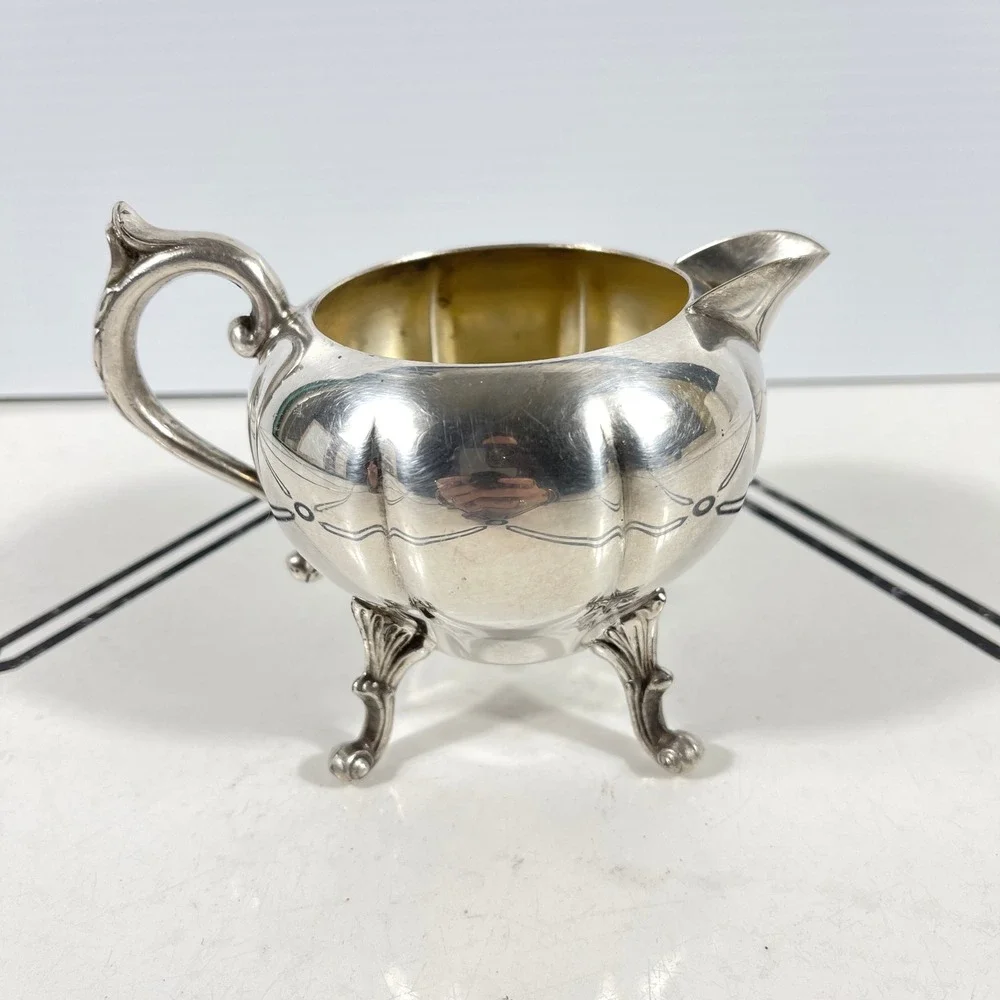 Sheridan Silver on Copper Footed Creamer‎ Pitcher Etched Melon Design